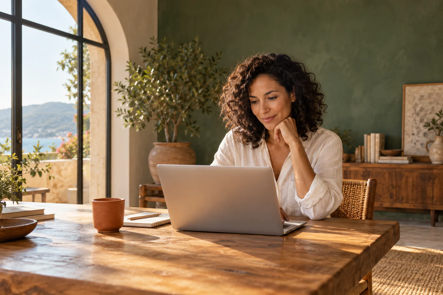 A freelancer thinking through her work at a sunlit studio desk; AI-generated editorial illustration